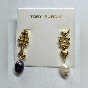 Tory Burch Fish Bone Faux Pearl Drop Earrings in Yellow Gold Color. New!